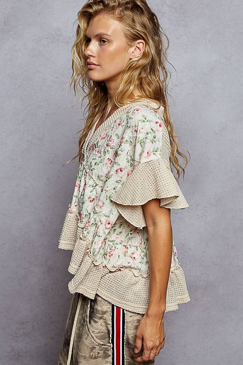 V-neck Short Sleeve Printed Woven Top (POL)