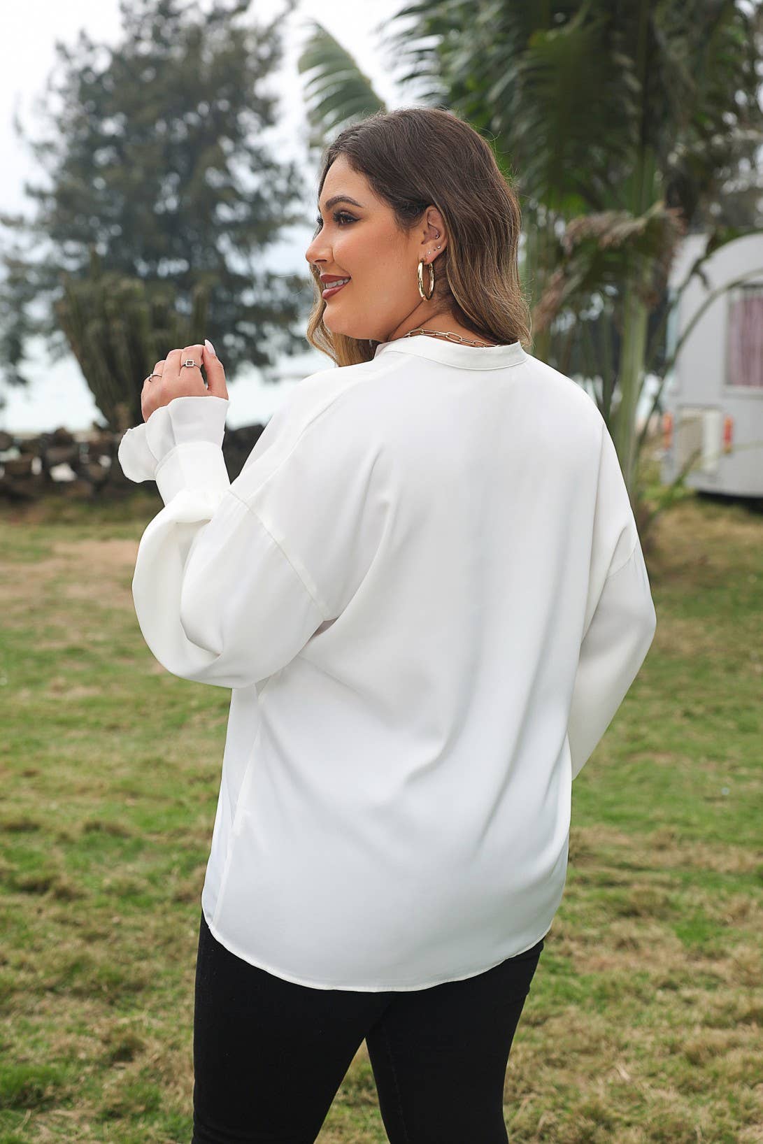 Ruffle V Neck Long Sleeve Plus Size Shirt