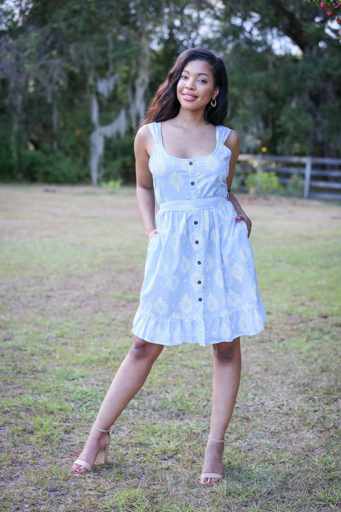 Baby Blue Summer Dress with Delicate Block print