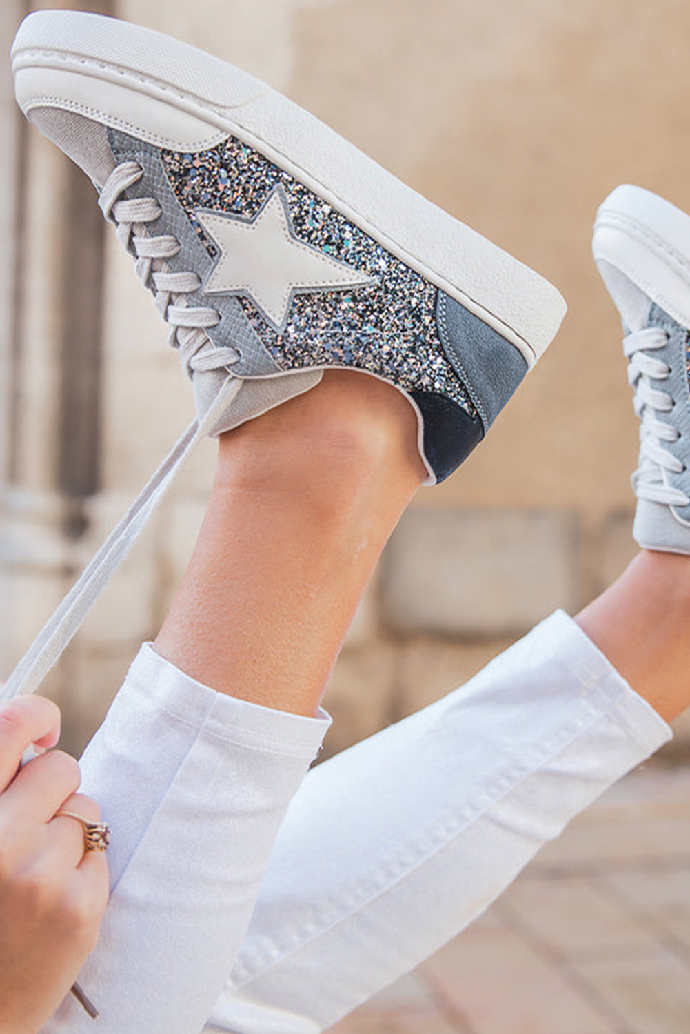 Silvery Star Glitter Lace-up Sneakers | US6-10
