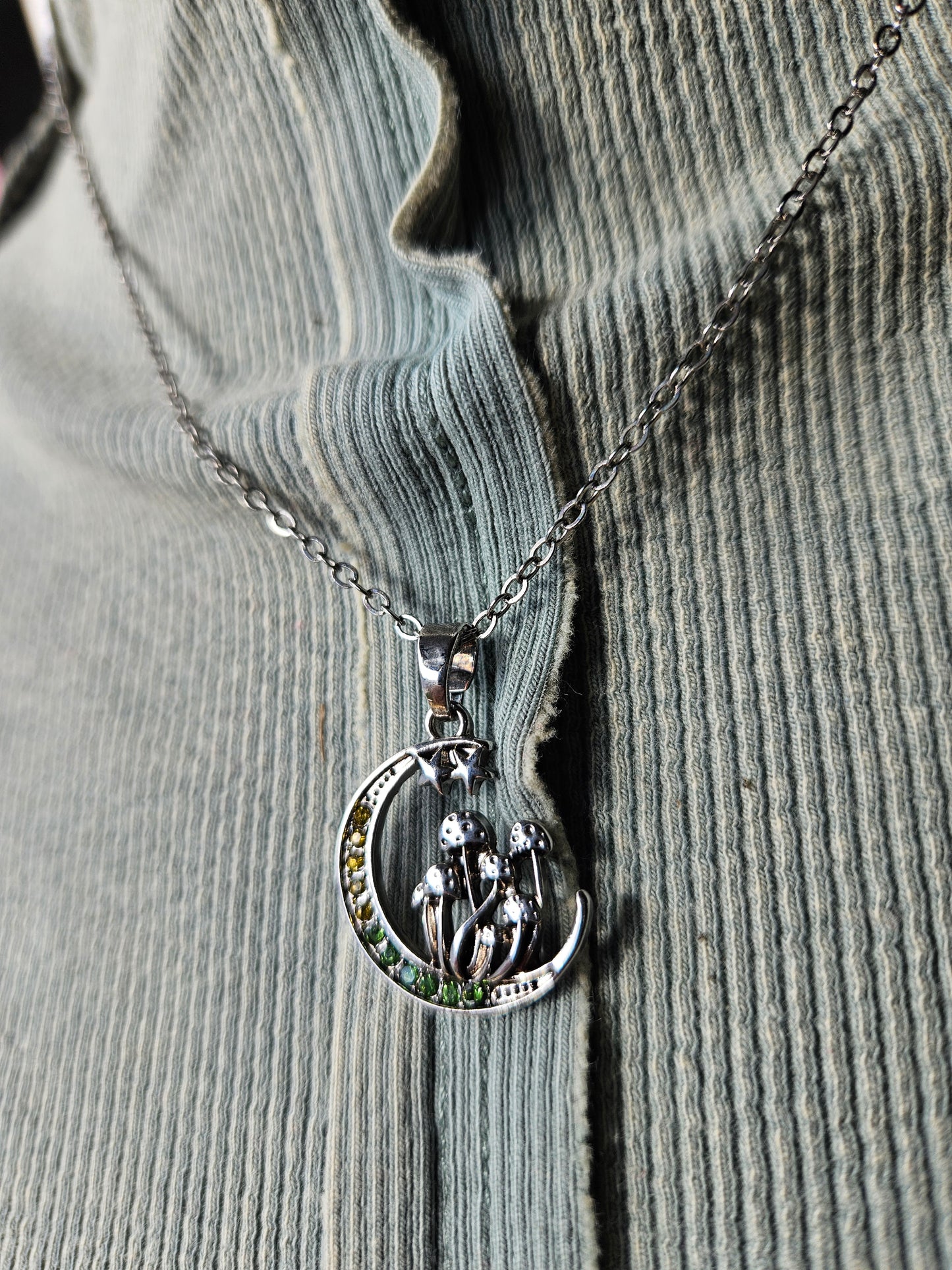 Crystal Crescent Mushroom Moon Silver Necklace