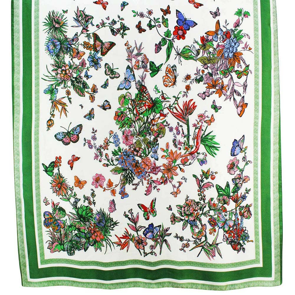 Flower Pattern Printed Oblong Silky Satin Scarf Shawl