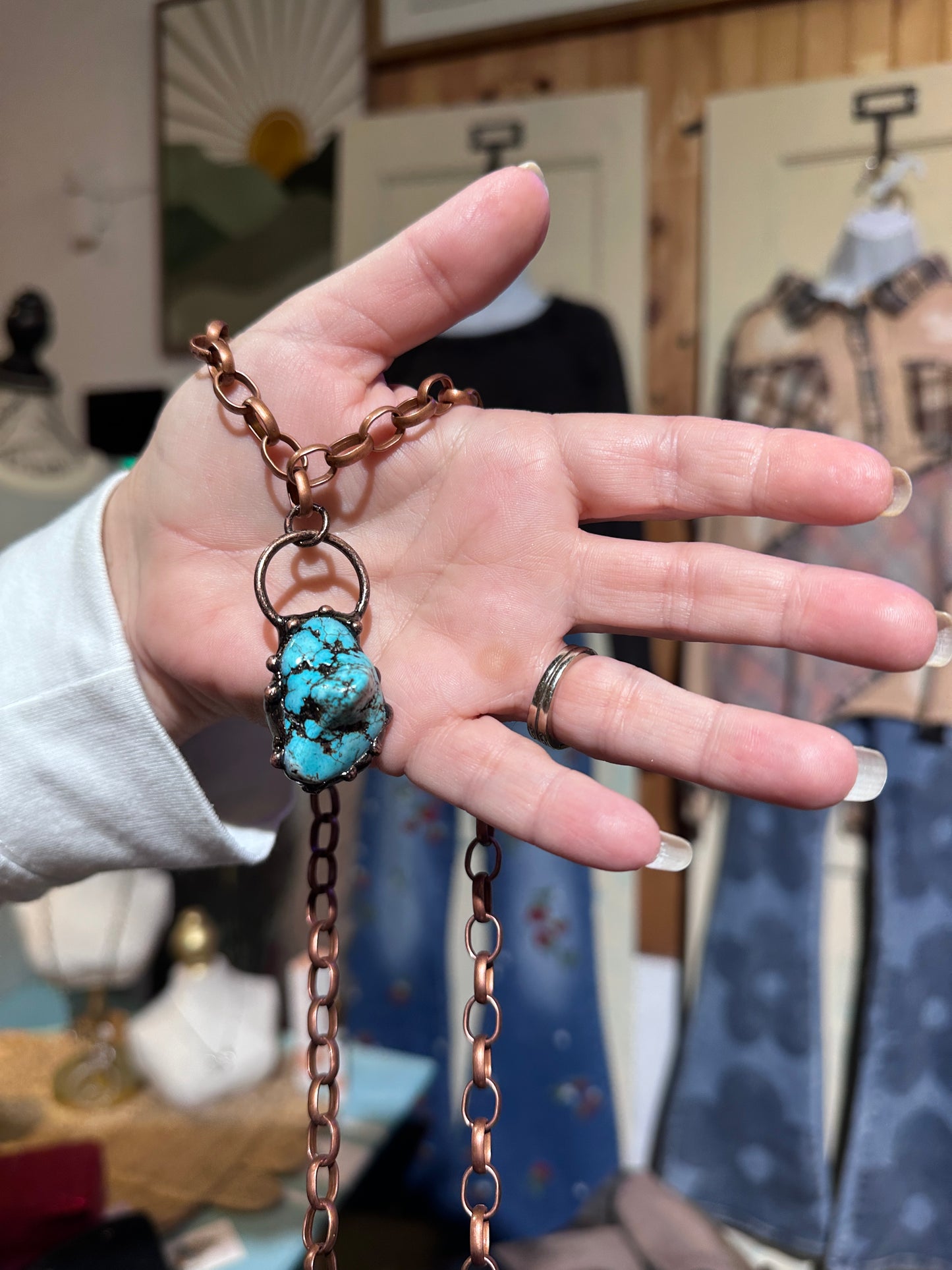 Long Copper Necklace with Turquoise Pendant