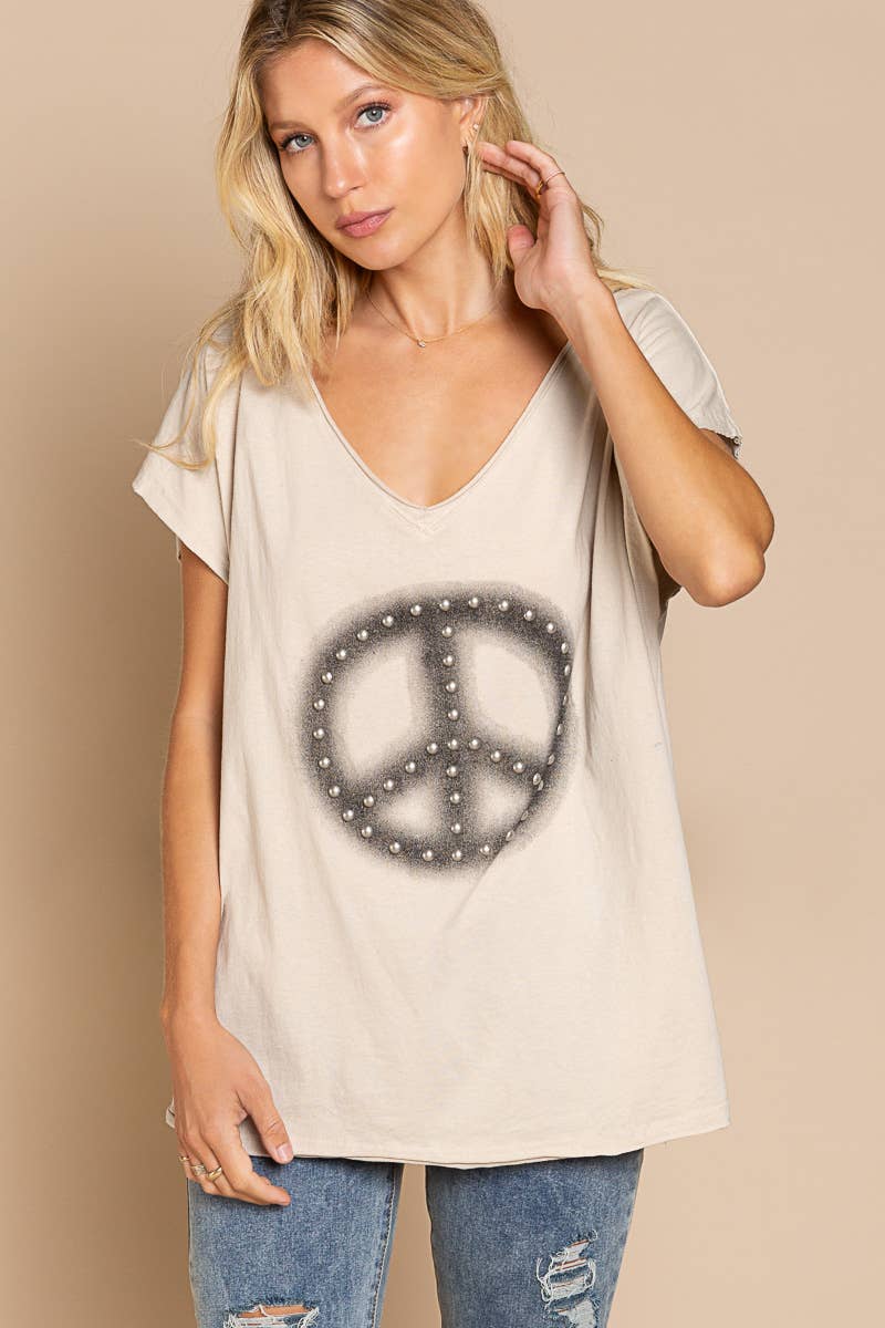 Dropped Short Sleeve Studded Peace Sign Tee (POL)