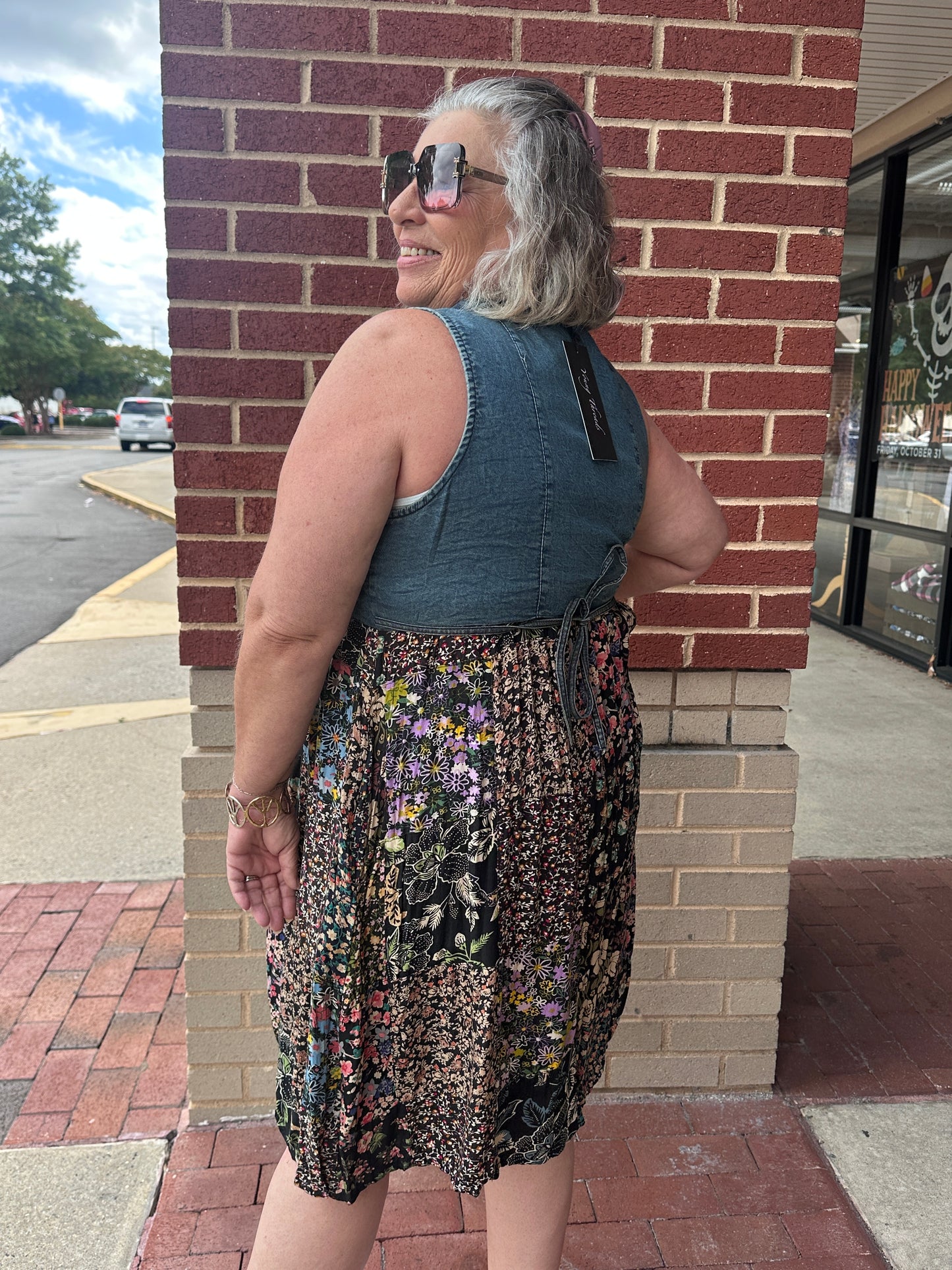 Rustic Denim Short Dress with Print Patches