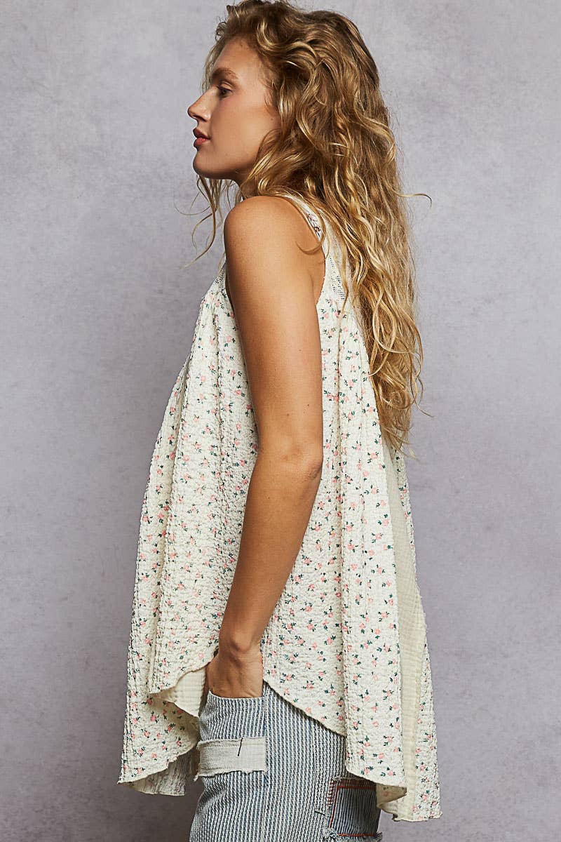 Round Neck Sleeveless Floral Printed Knit Top (POL)