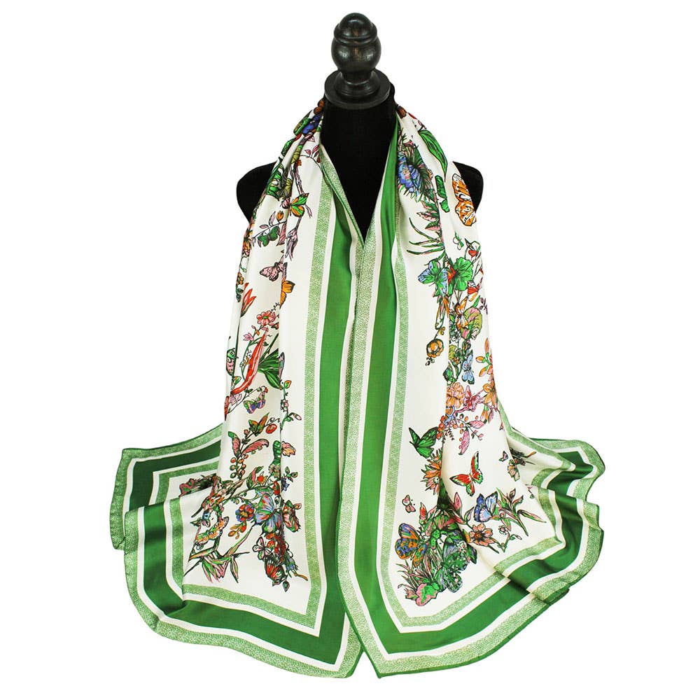 Flower Pattern Printed Oblong Silky Satin Scarf Shawl