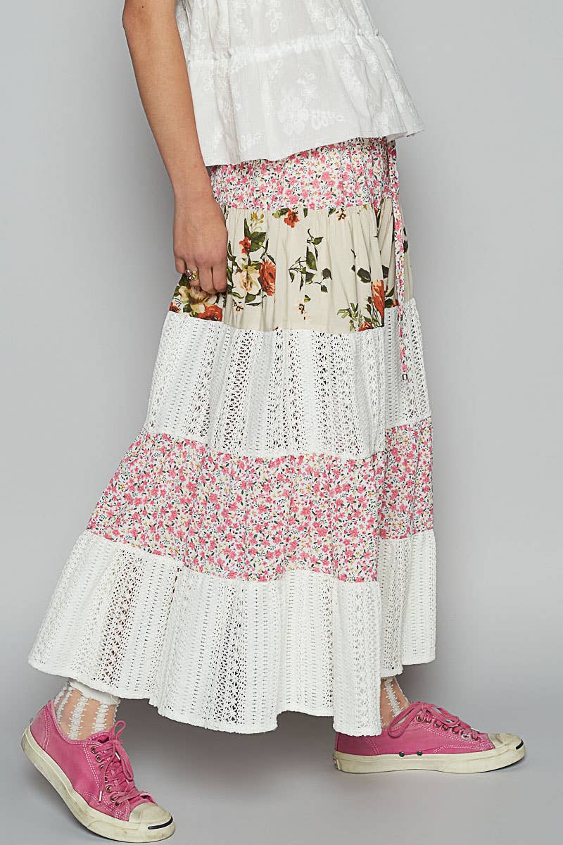 Crochet lace mix floral printed skirt