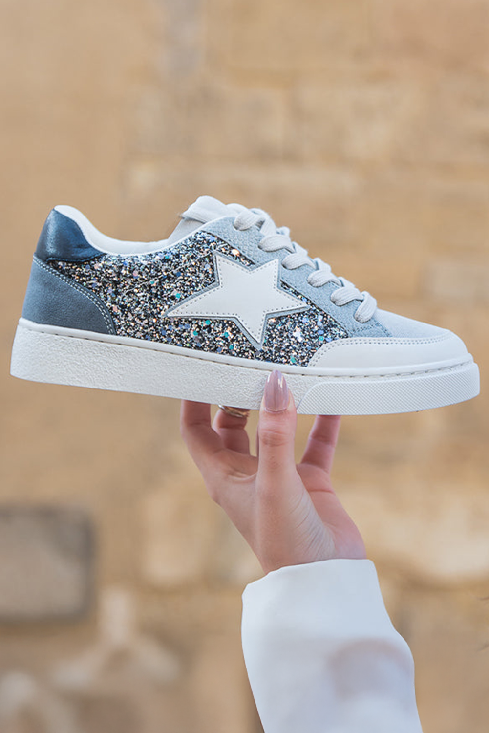 Silvery Star Glitter Lace-up Sneakers | US6-10