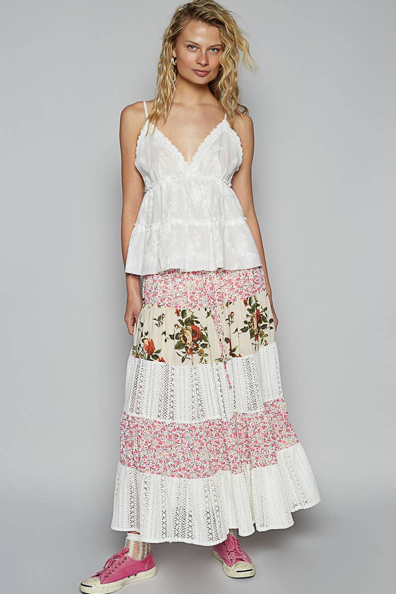 Crochet lace mix floral printed skirt