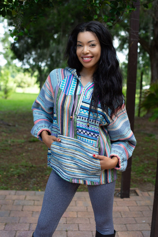 Blue Batik Patchwork Cotton Comfy Hoodie