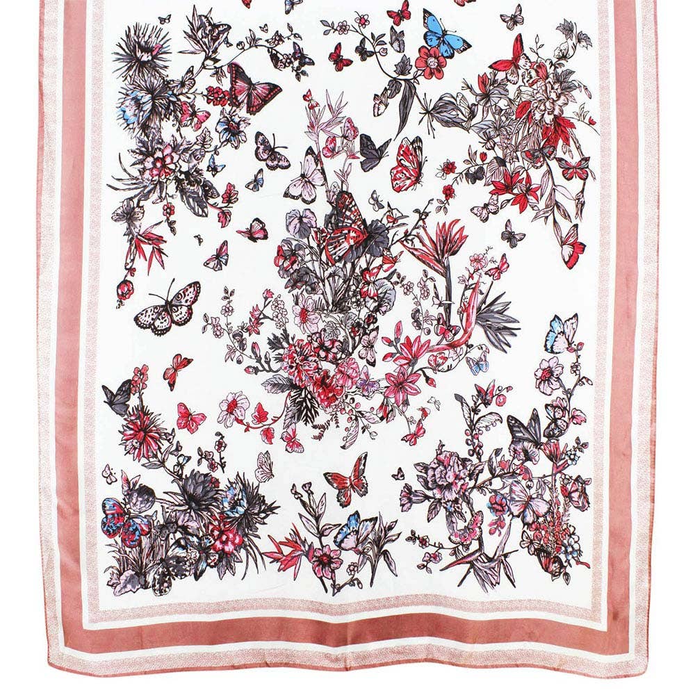 Flower Pattern Printed Oblong Silky Satin Scarf Shawl