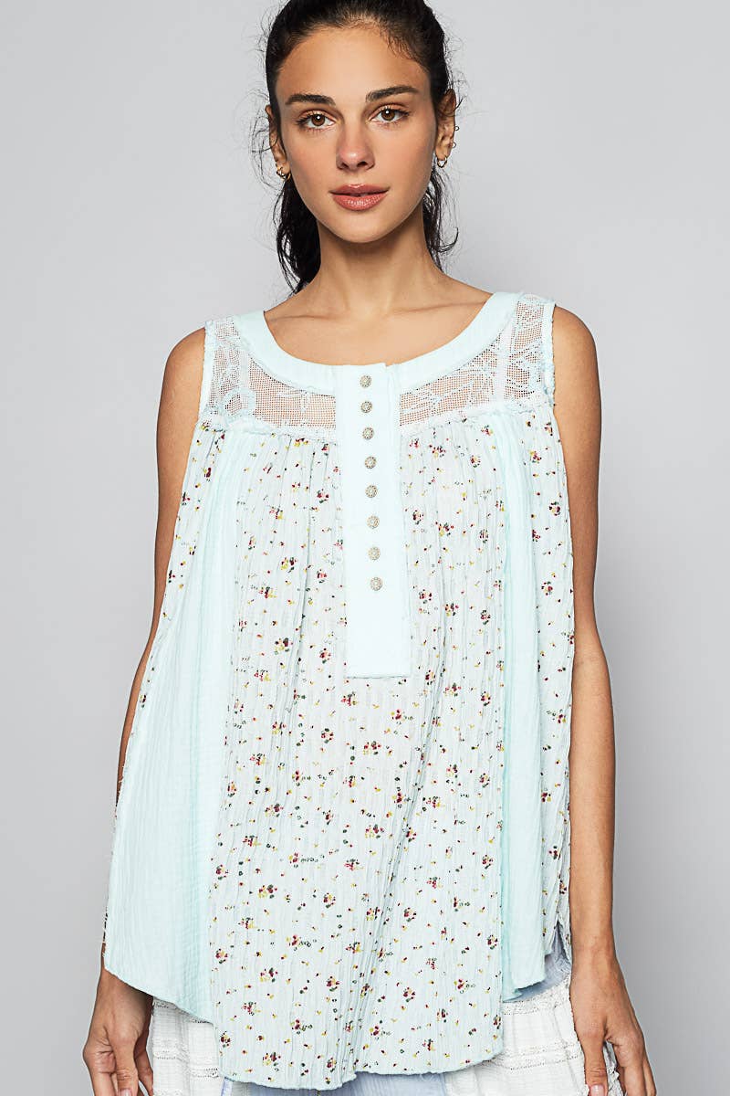 Round Neck Sleeveless Floral Printed Knit Top (POL)