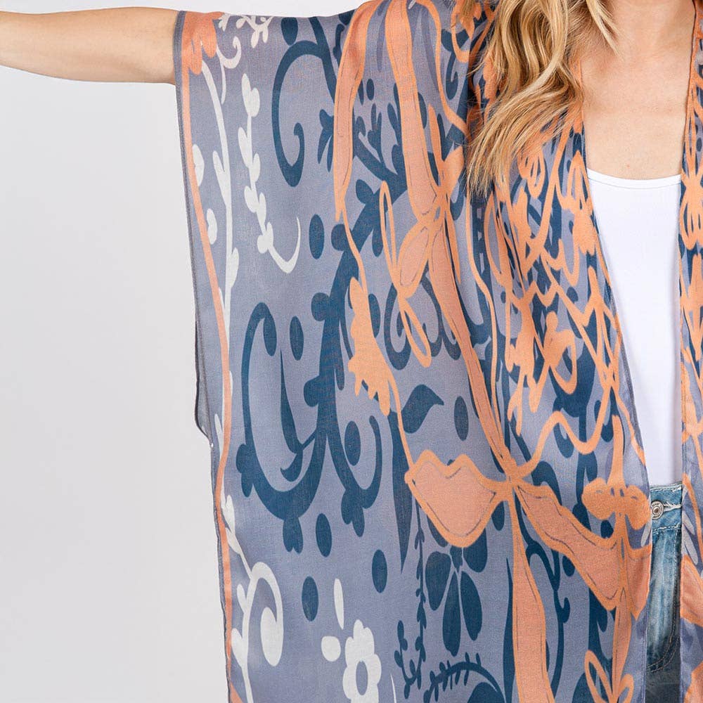 Boho Print Open Front Long Kimono Poncho