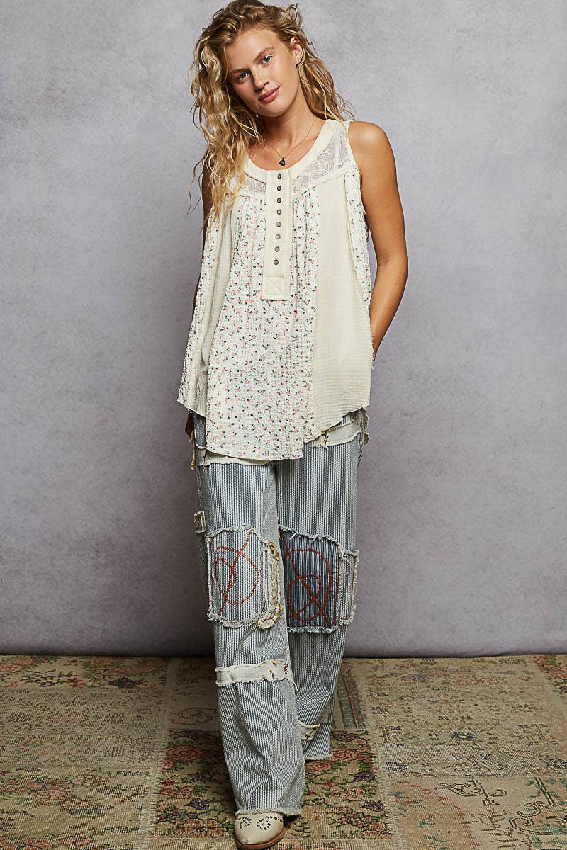 Round Neck Sleeveless Floral Printed Knit Top (POL)