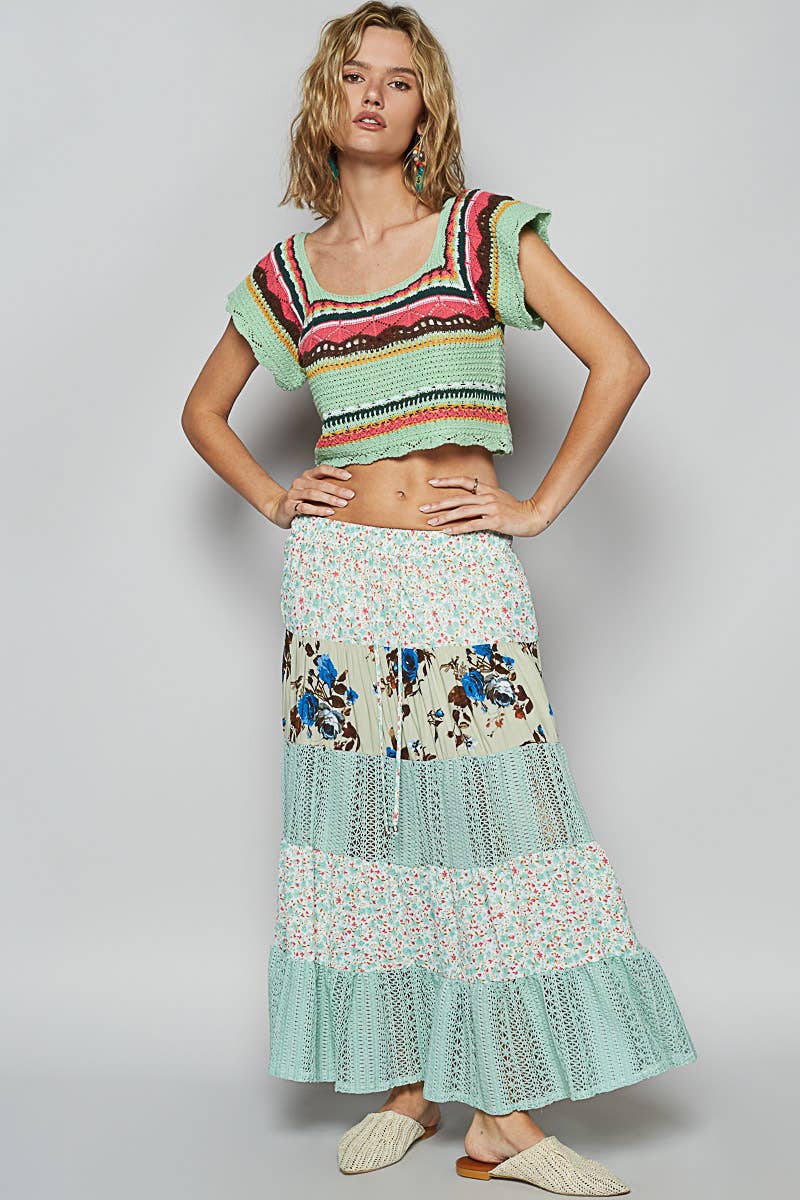 Crochet lace mix floral printed skirt