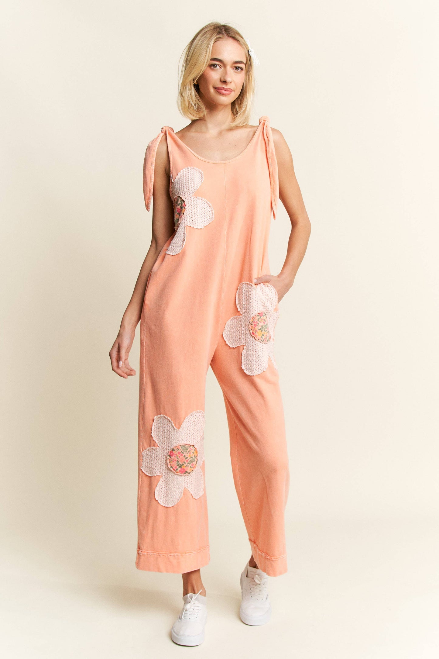 Mineral Washed Flower Patched Romper (J.Her)