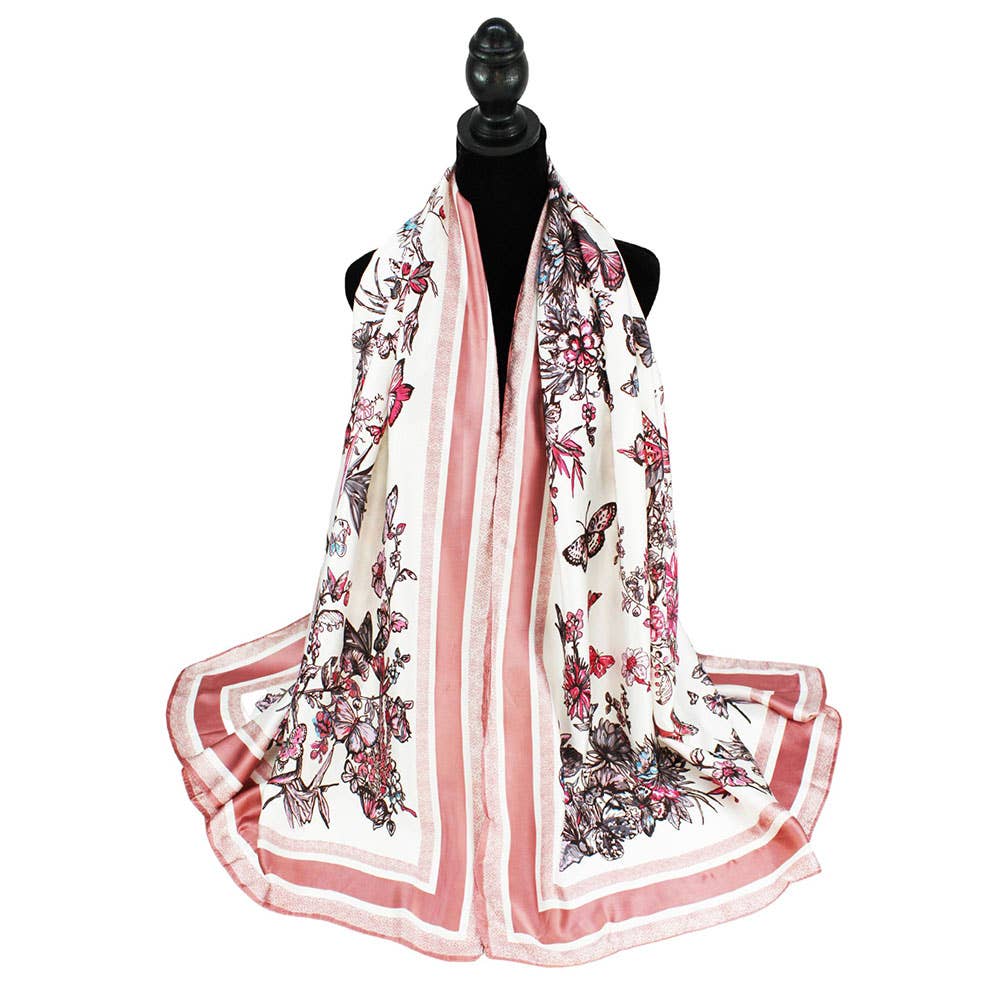 Flower Pattern Printed Oblong Silky Satin Scarf Shawl