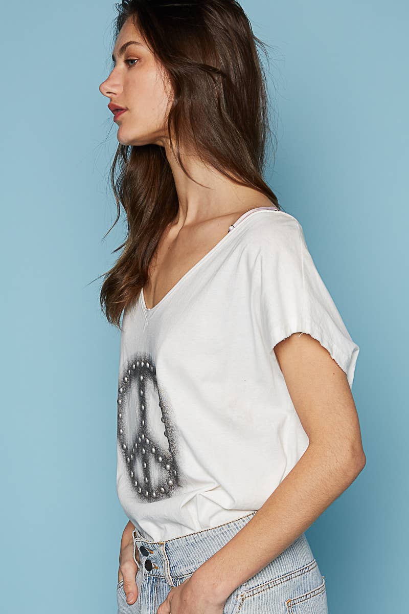 Dropped Short Sleeve Studded Peace Sign Tee (POL)