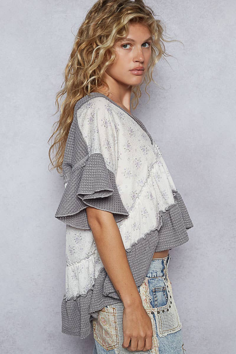 V-neck Short Sleeve Printed Woven Top (POL)