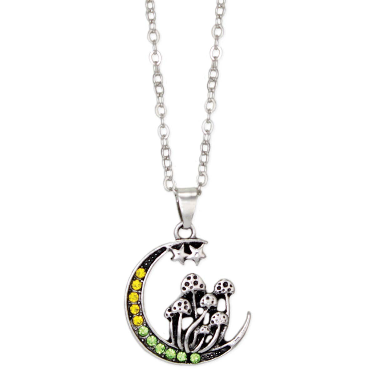 Crystal Crescent Mushroom Moon Silver Necklace