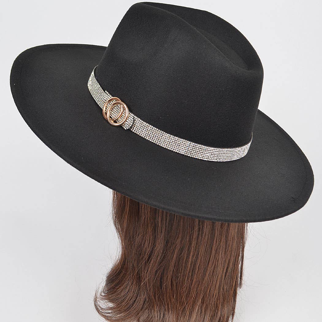 Faux Wool Rhinestone Trimed Fedora Hat