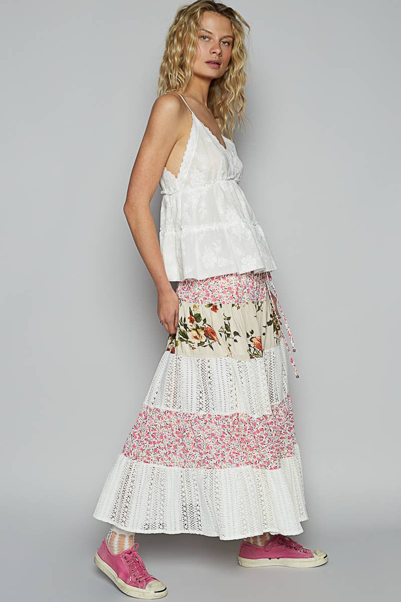 Crochet lace mix floral printed skirt