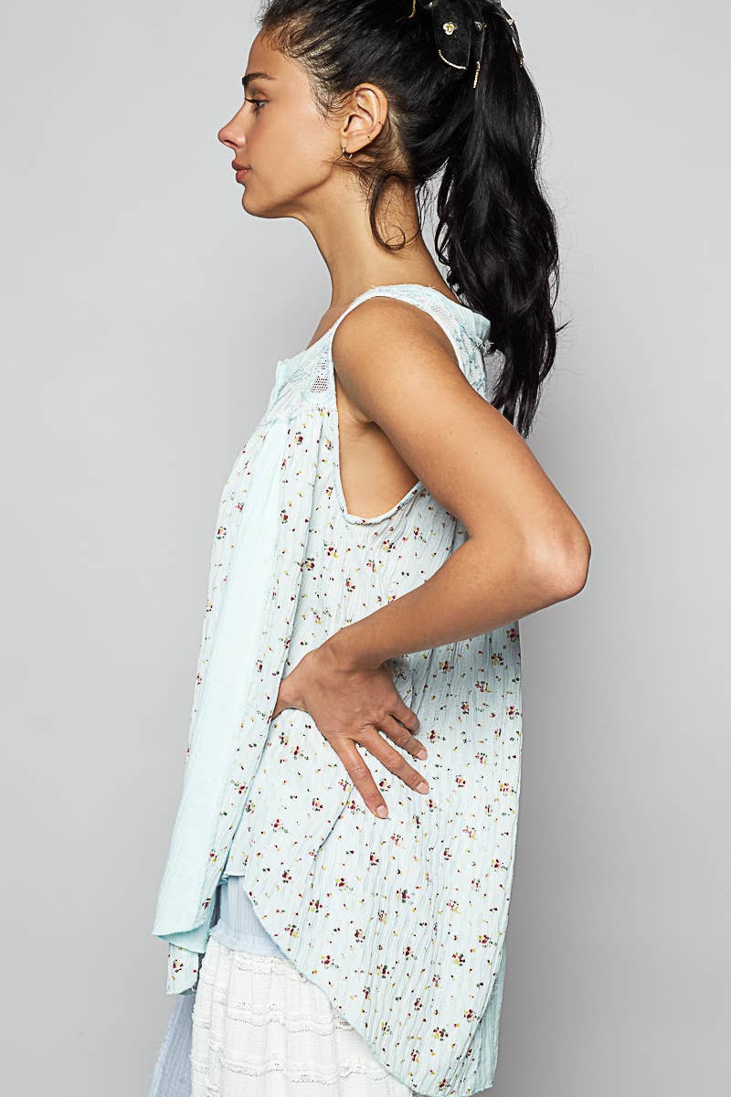 Round Neck Sleeveless Floral Printed Knit Top (POL)