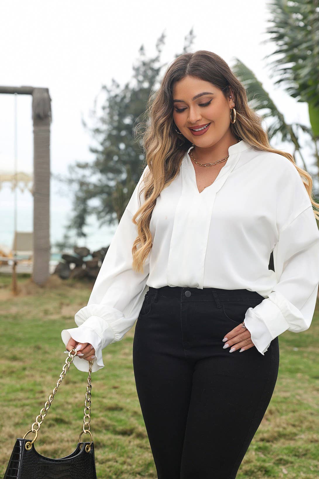 Ruffle V Neck Long Sleeve Plus Size Shirt