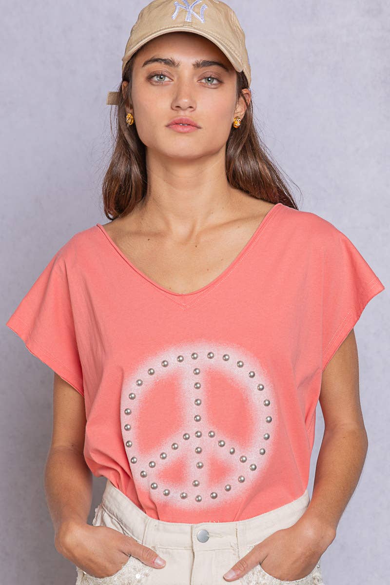 Dropped Short Sleeve Studded Peace Sign Tee (POL)