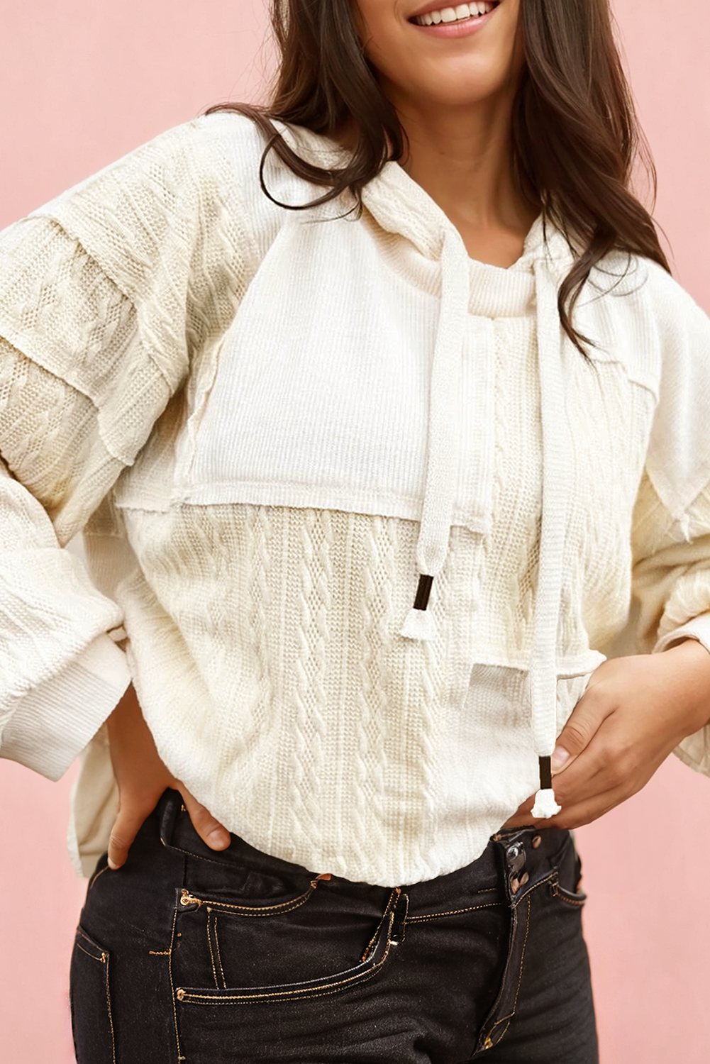 Plus Size Textured Patchwork Exposed Seam Hoodie