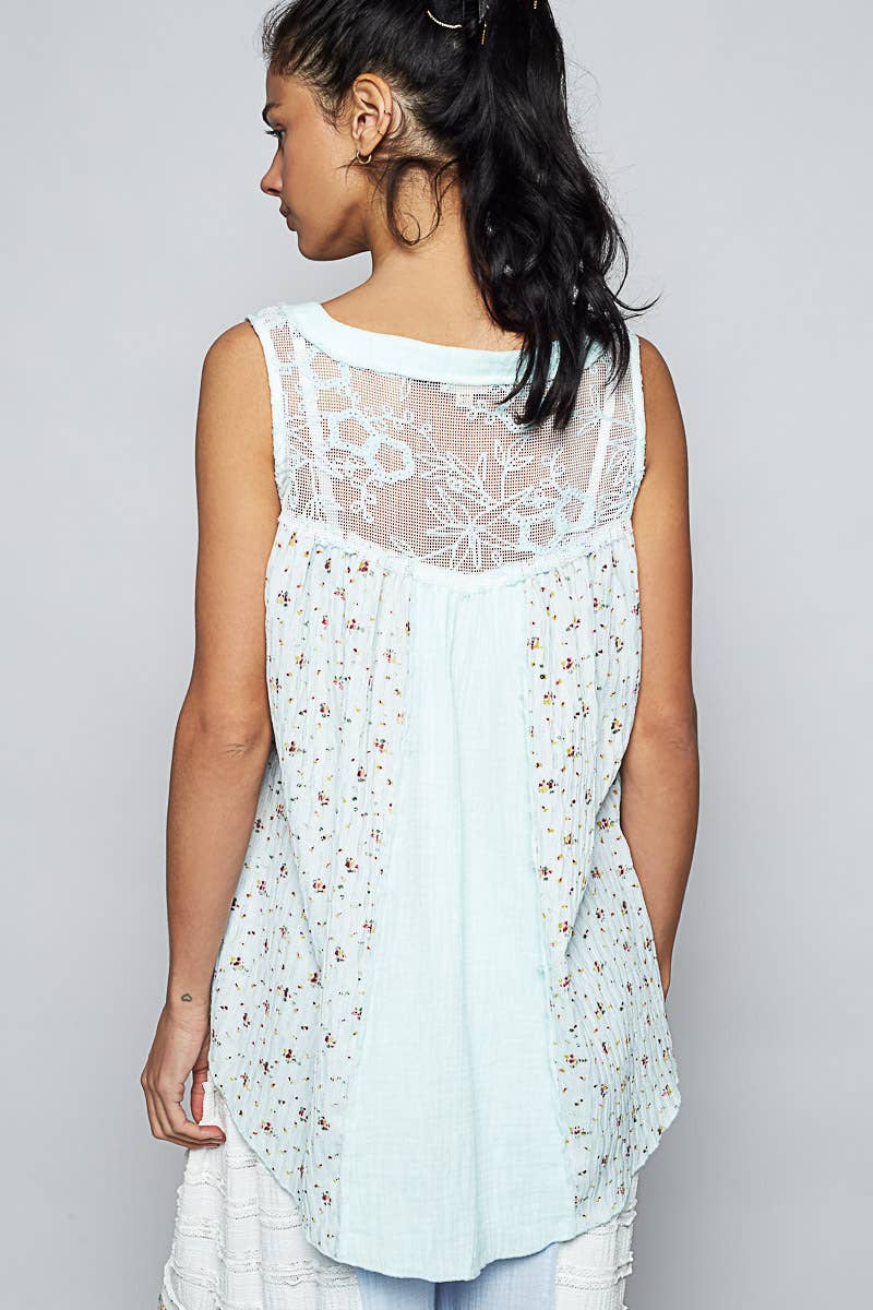 Round Neck Sleeveless Floral Printed Knit Top (POL)