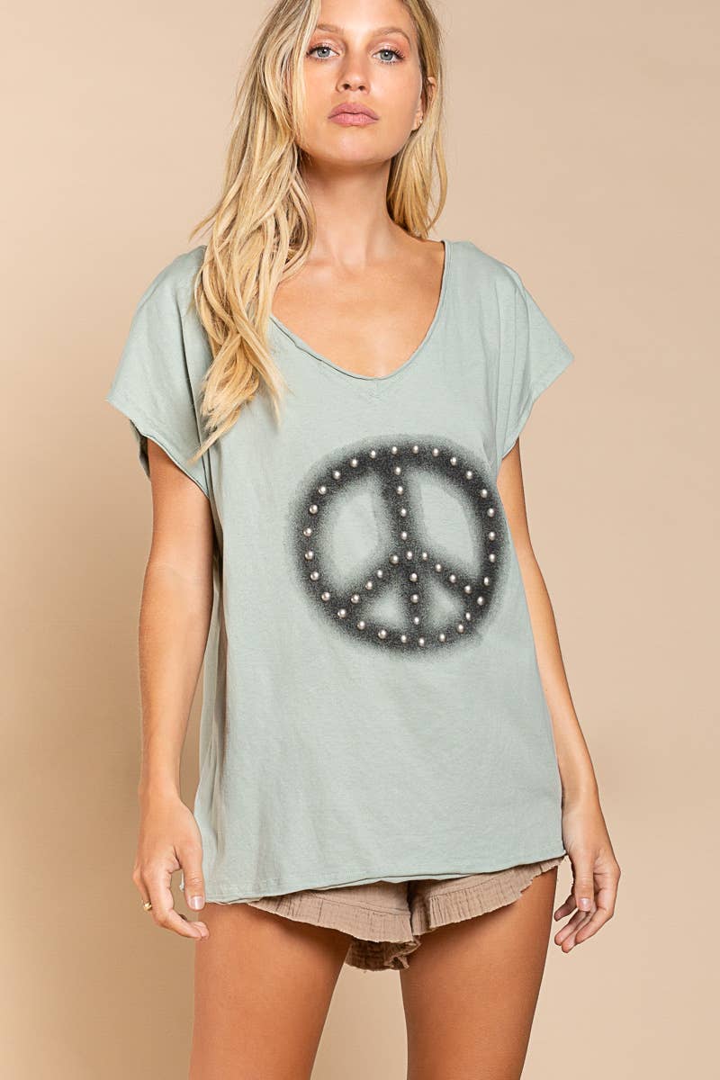Dropped Short Sleeve Studded Peace Sign Tee (POL)