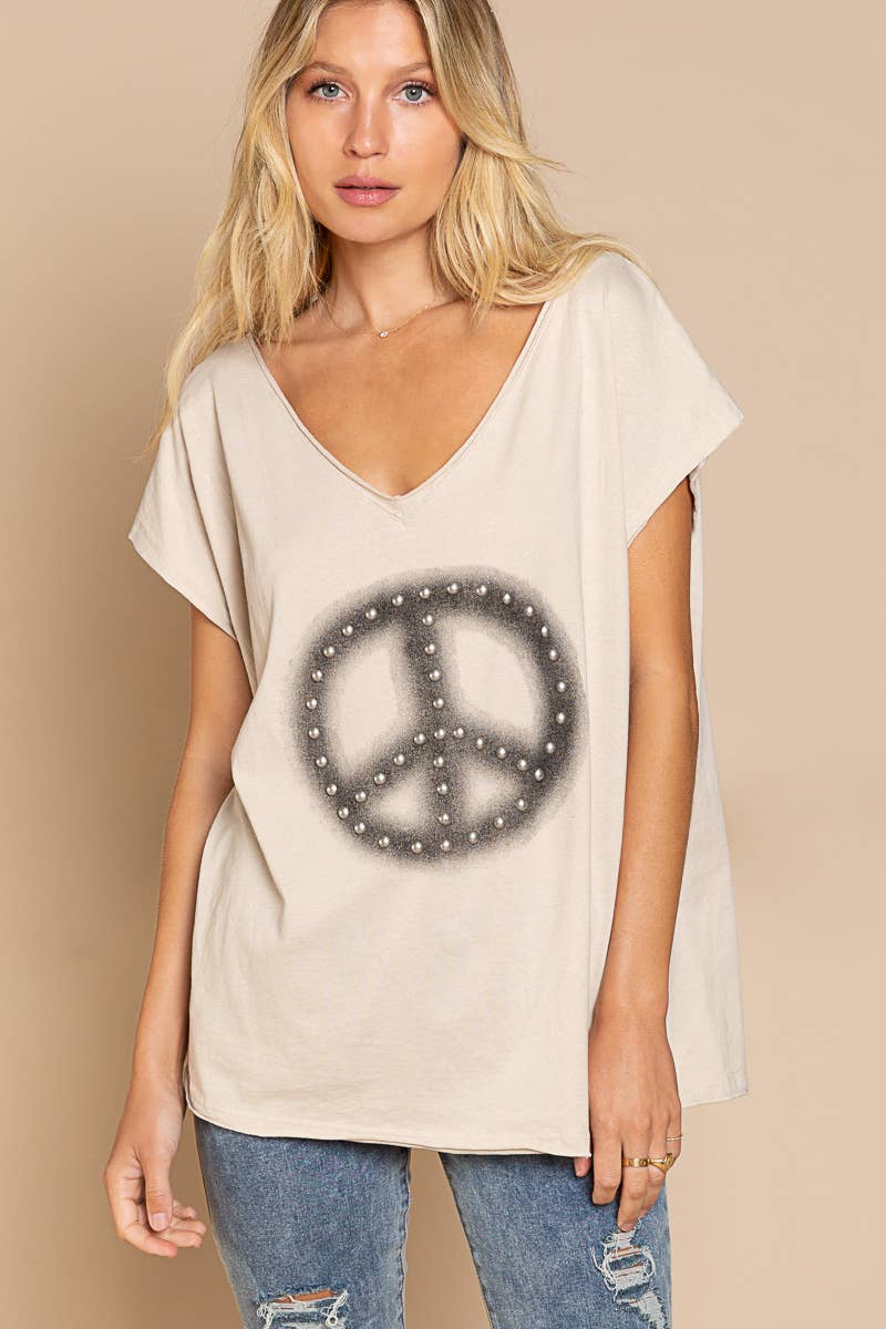Dropped Short Sleeve Studded Peace Sign Tee (POL)