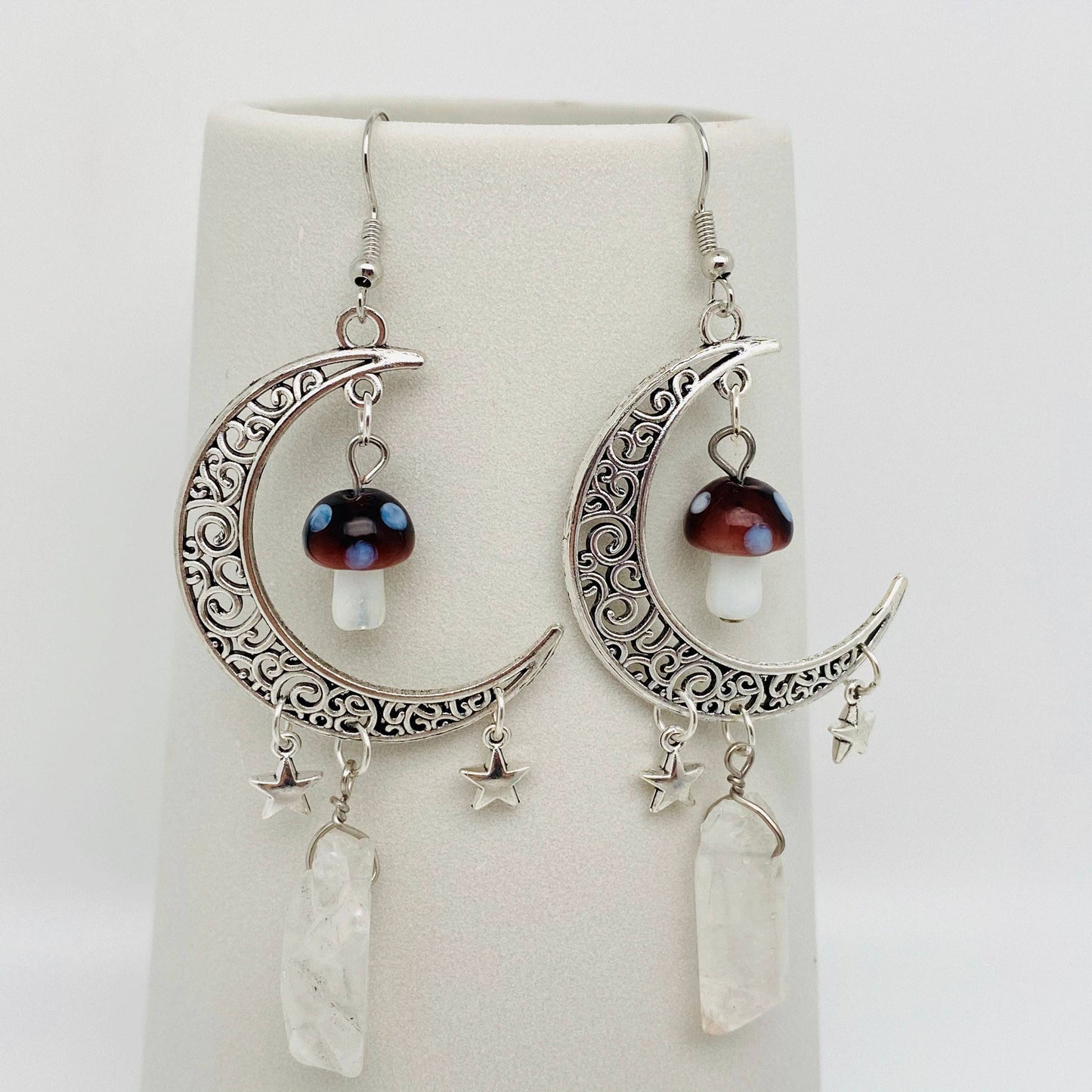 Hollow Moon Mushroom White Crystal Pendant Earrings - MS