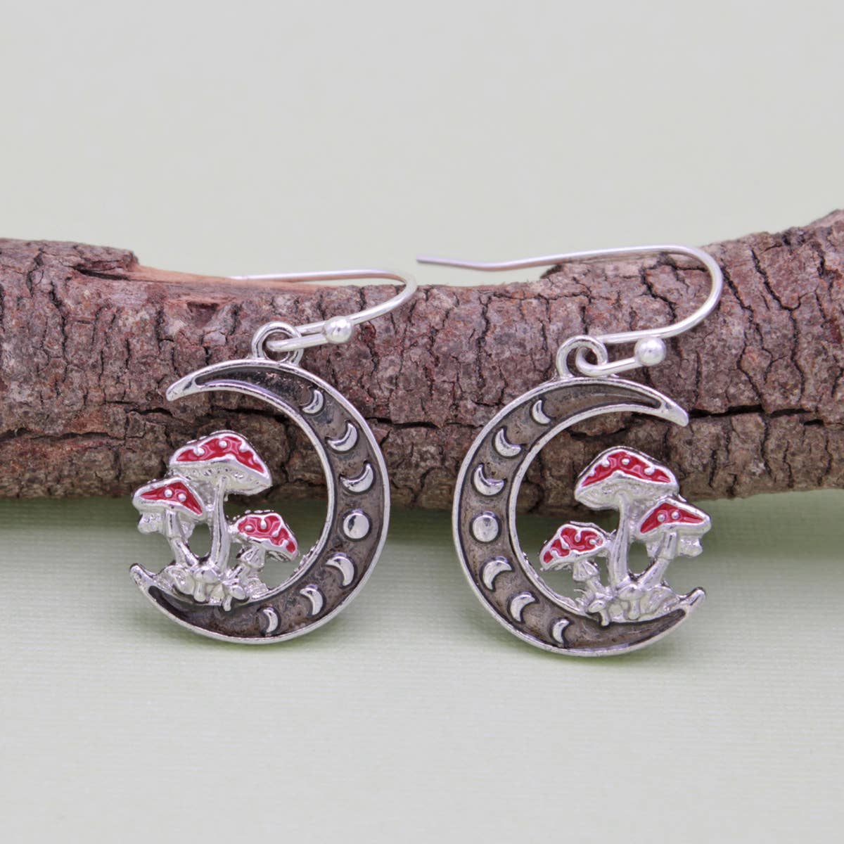 Lunar Mushroom Silver Moon Earrings