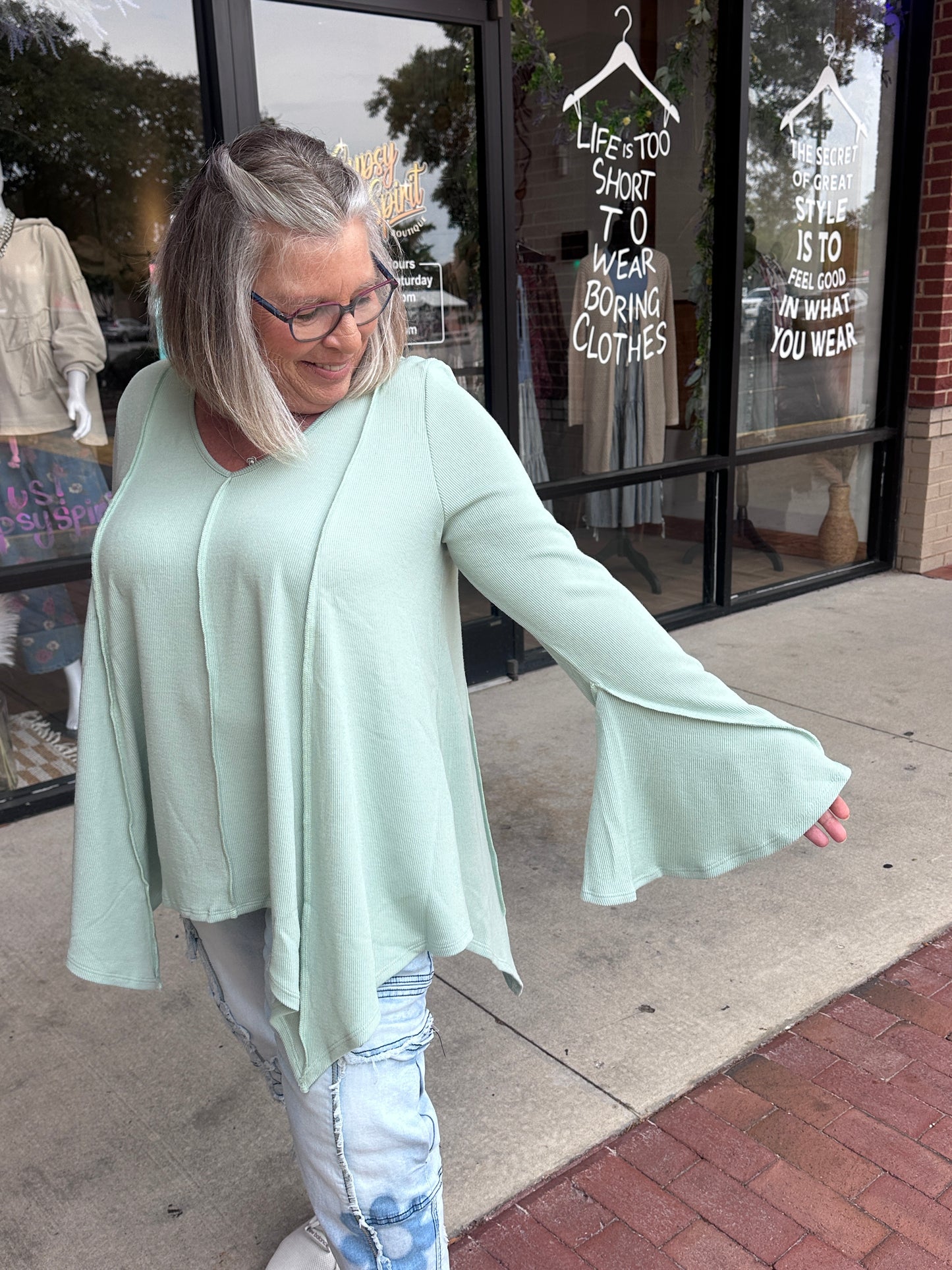 Golden Hour Long Bell Sleeve Top - Sage