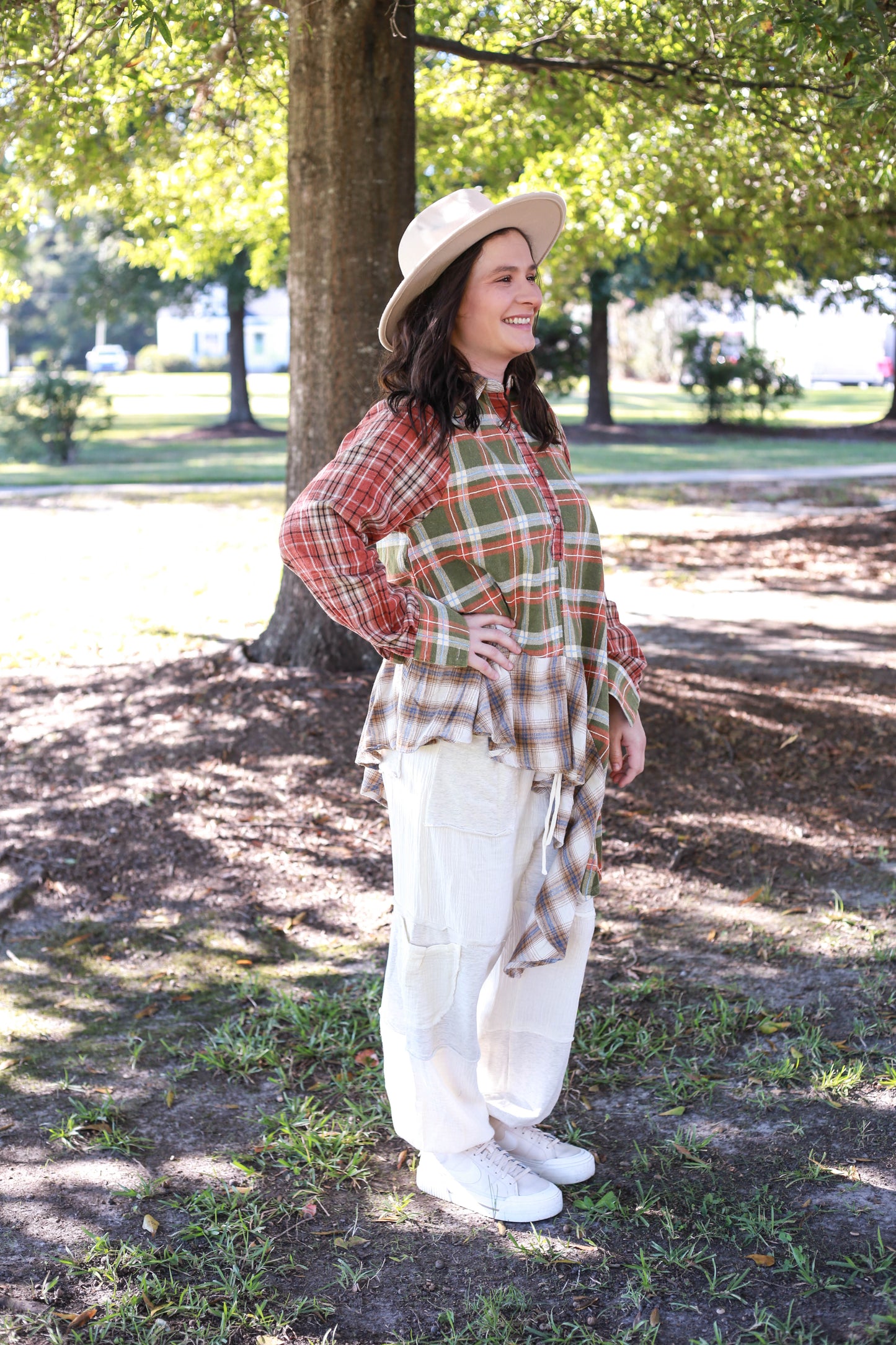 Plaid Mix Asymmetrical Hem Shirt (OLI&HALI)