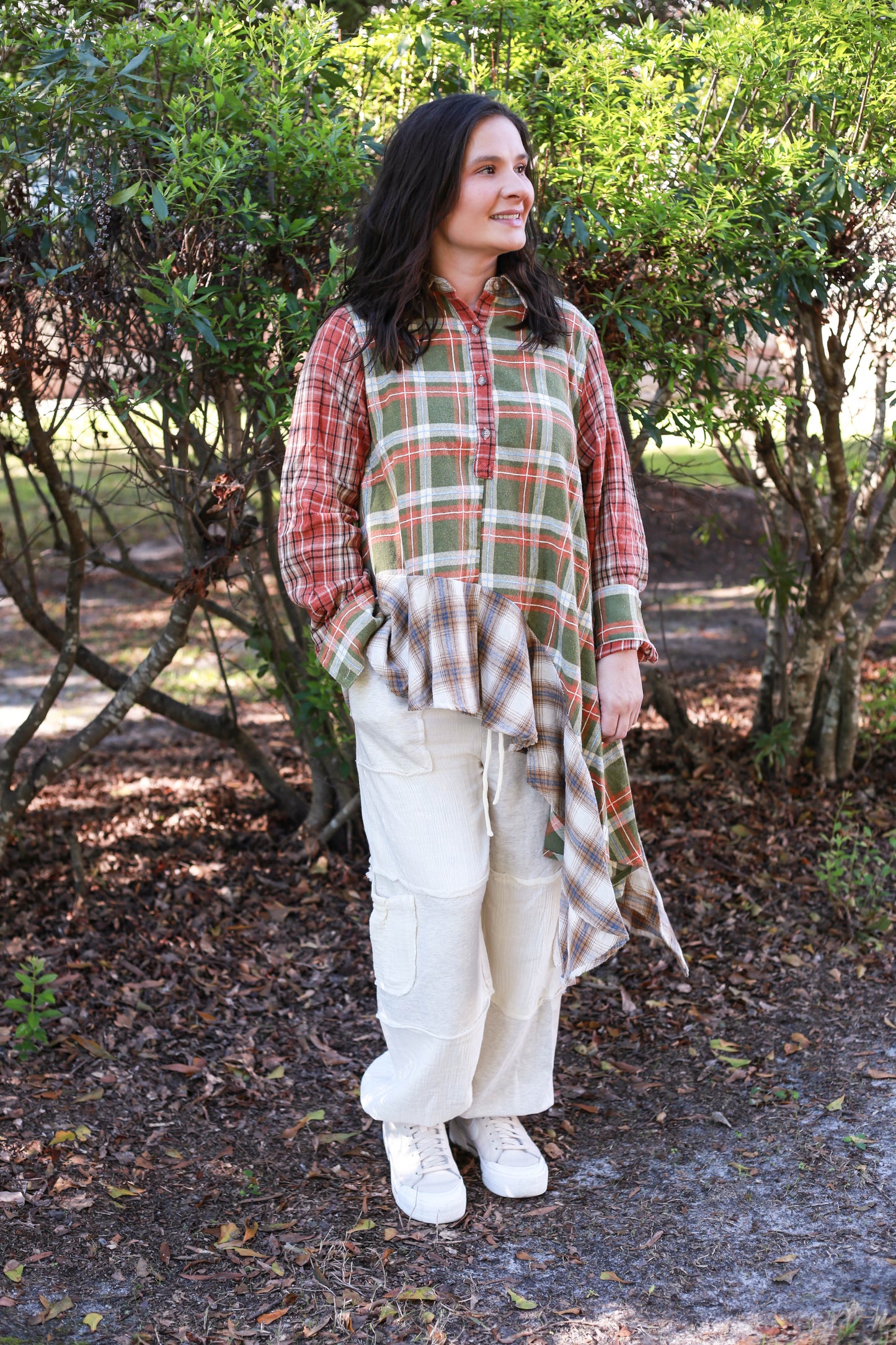 Plaid Mix Asymmetrical Hem Shirt (OLI&HALI)