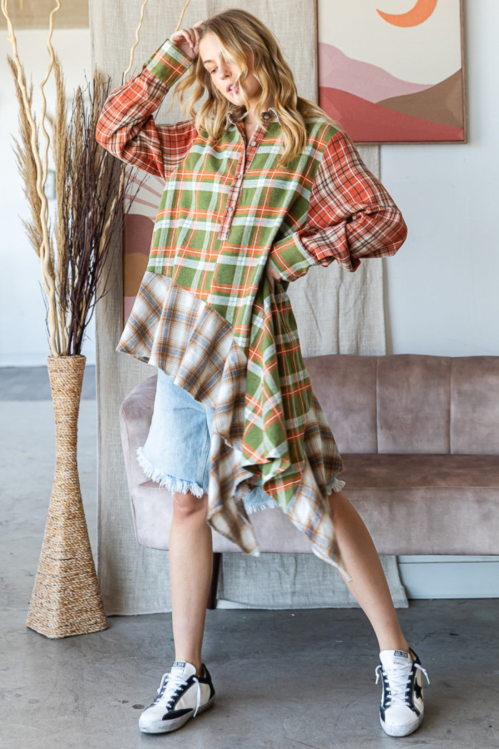 Plaid Mix Asymmetrical Hem Shirt (OLI&HALI)