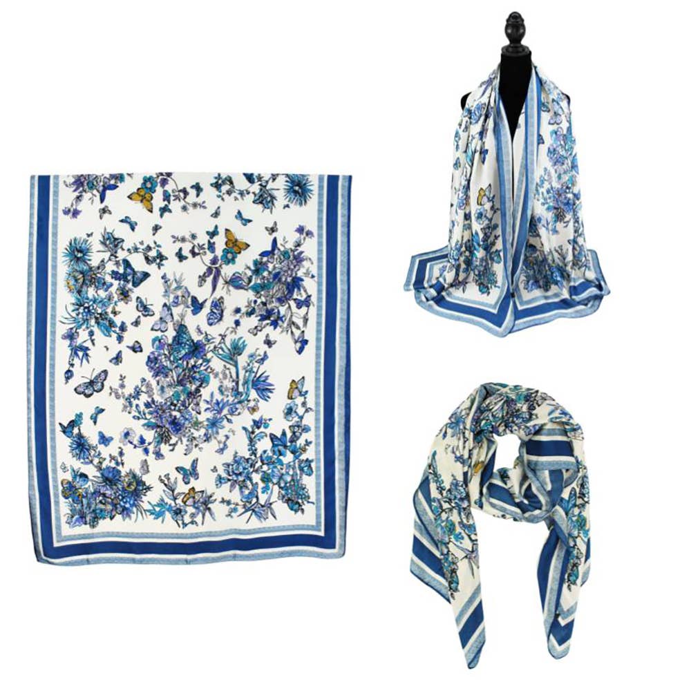 Flower Pattern Printed Oblong Silky Satin Scarf Shawl