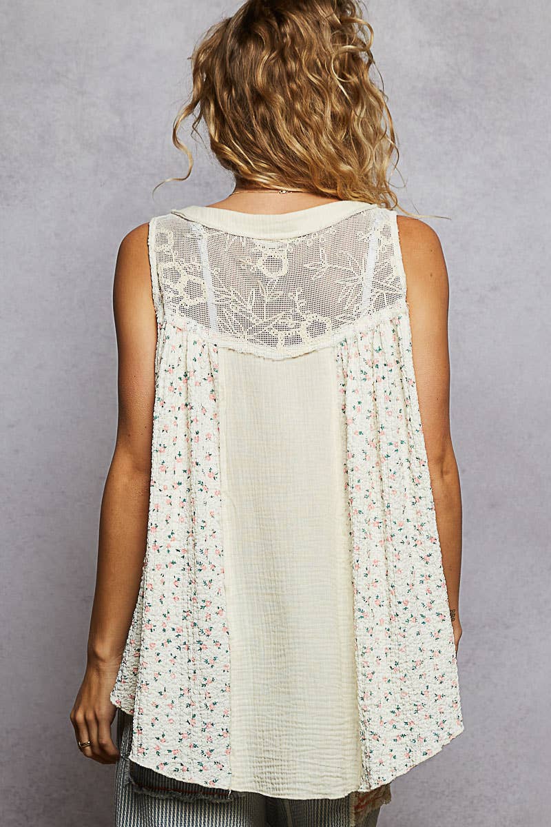 Round Neck Sleeveless Floral Printed Knit Top (POL)