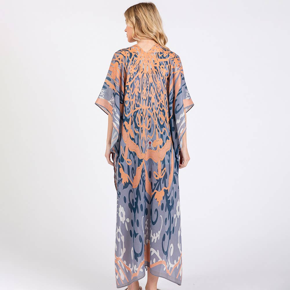 Boho Print Open Front Long Kimono Poncho