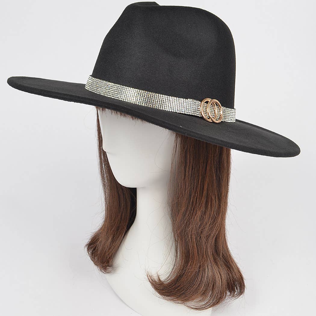 Faux Wool Rhinestone Trimed Fedora Hat