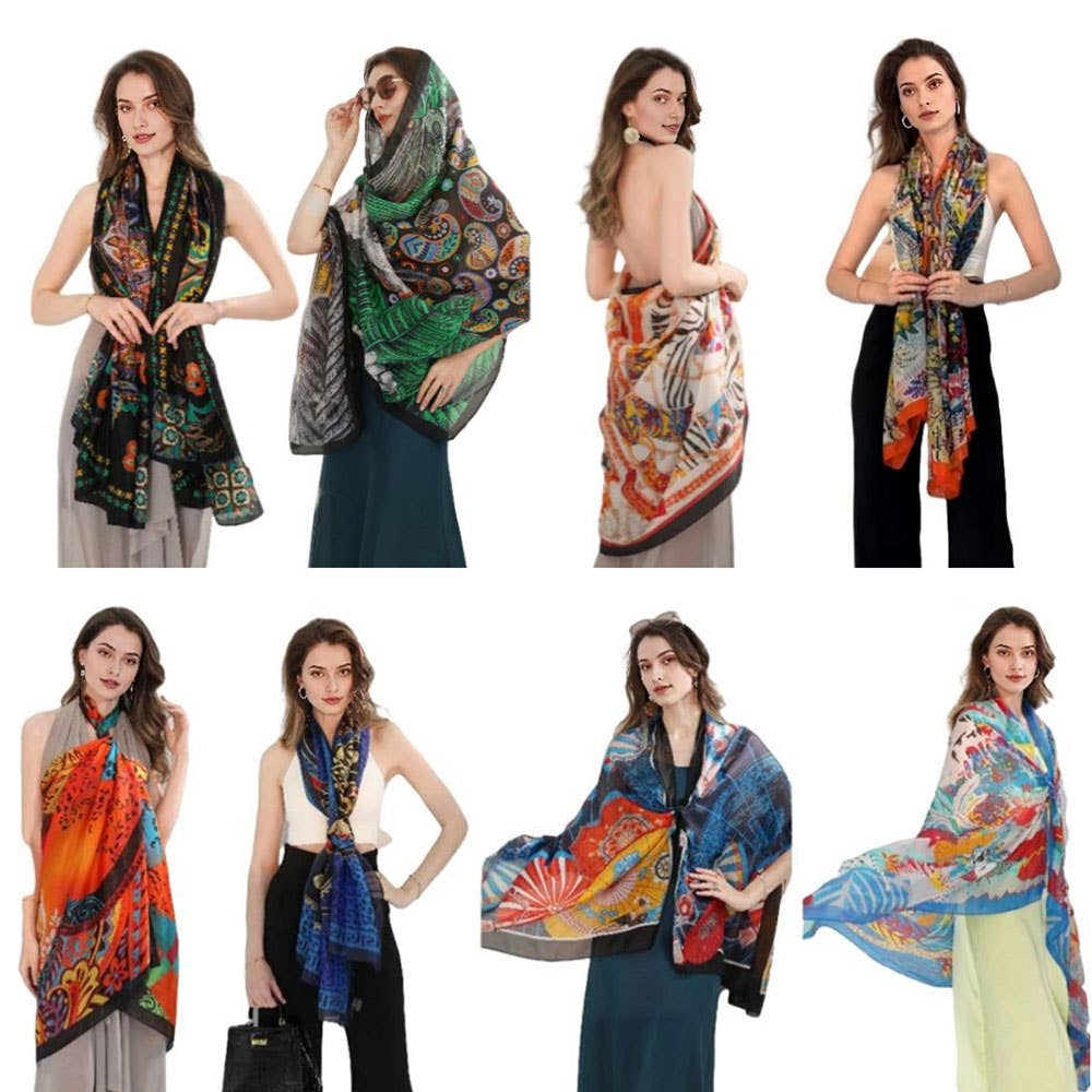 Flower Pattern Printed Oblong Silky Satin Scarf Shawl