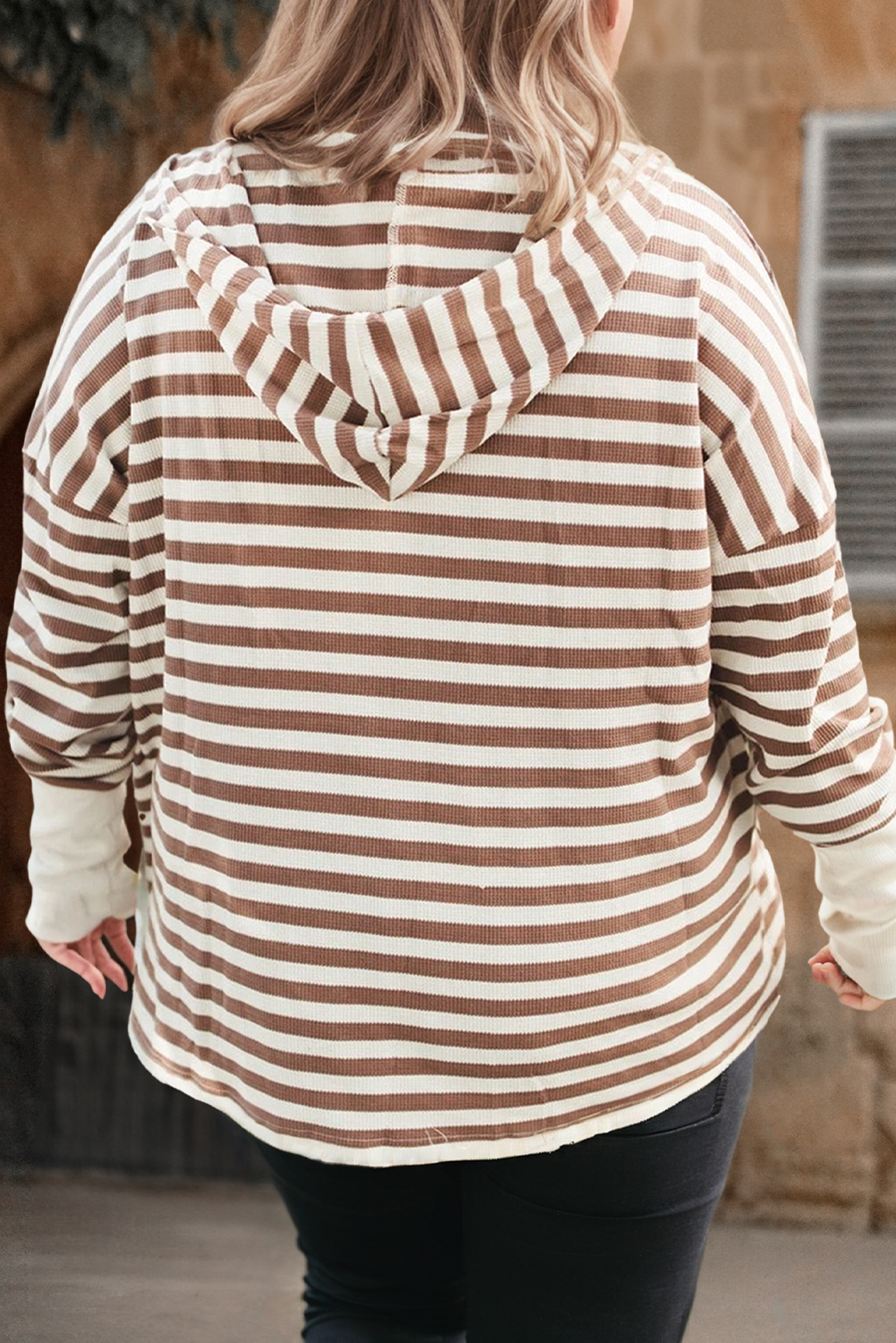 Women's Plus Size Striped Button-Up Long Sleeve Hoodie