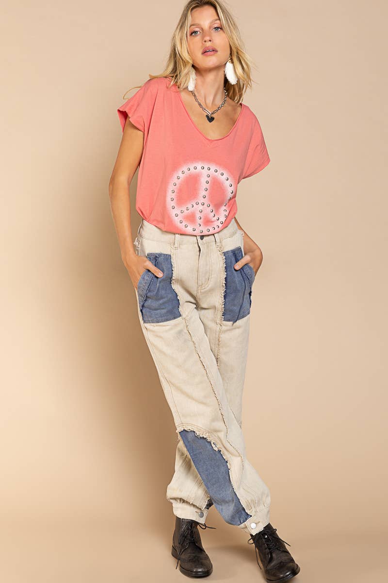 Dropped Short Sleeve Studded Peace Sign Tee (POL)