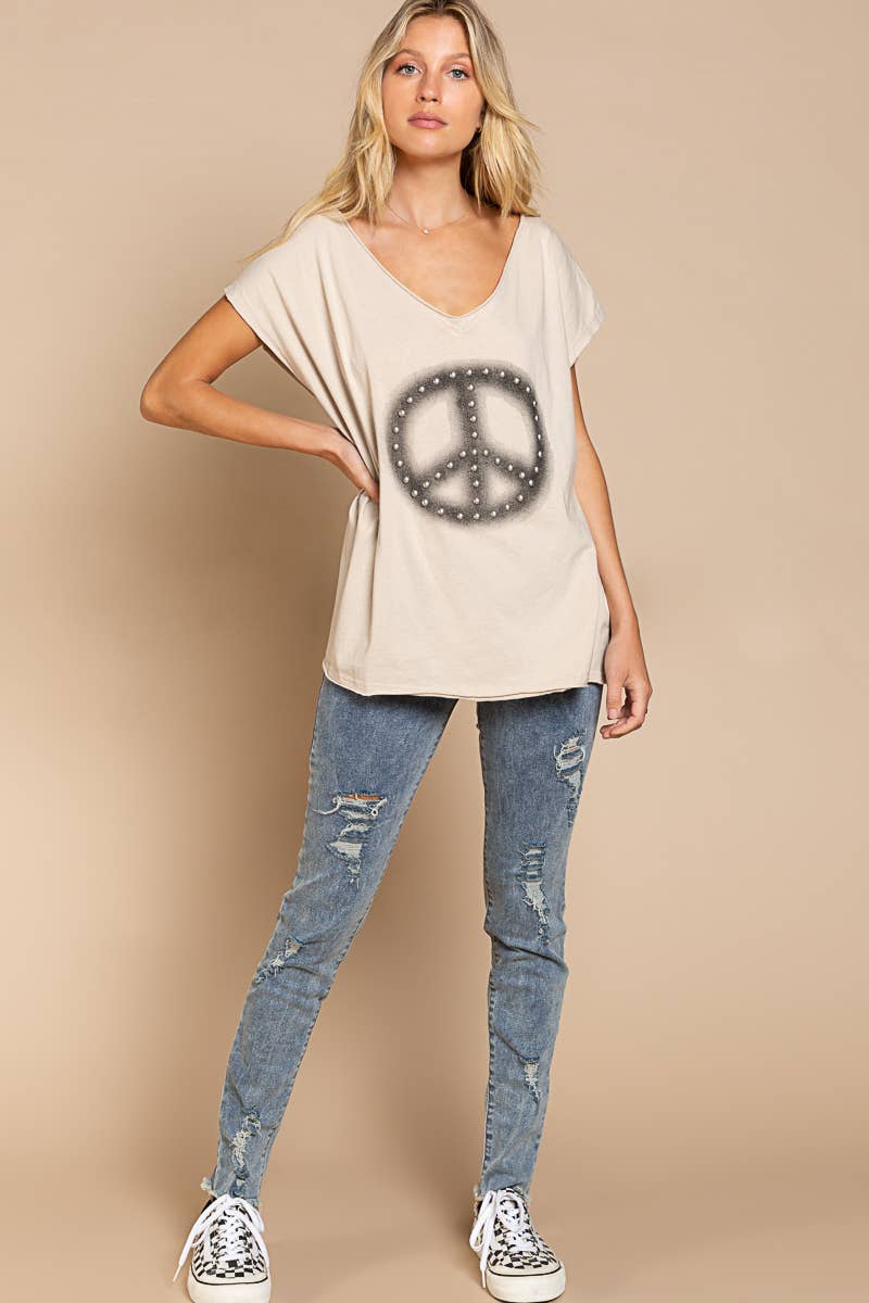 Dropped Short Sleeve Studded Peace Sign Tee (POL)