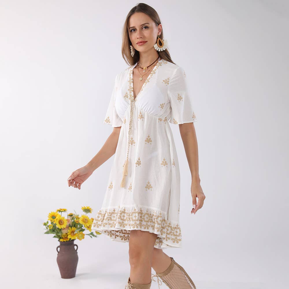 Boho Embroidered Flowy Short Sleeves Tassel Tunic Dress