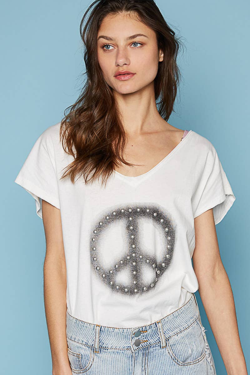 Dropped Short Sleeve Studded Peace Sign Tee (POL)